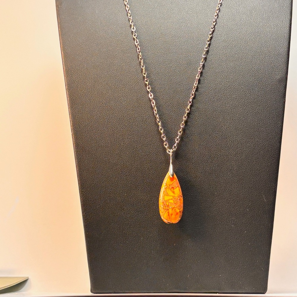 Teardrop Pendant Necklace Orange Marbled‎ Stone Boho Statement Silver Tone Chain